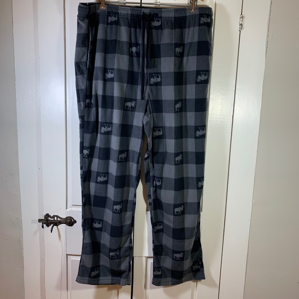Sonoma Mens XL Fleece Pajama Pants Grey Black Buffalo Plaid Moose Cabincore Cozy
